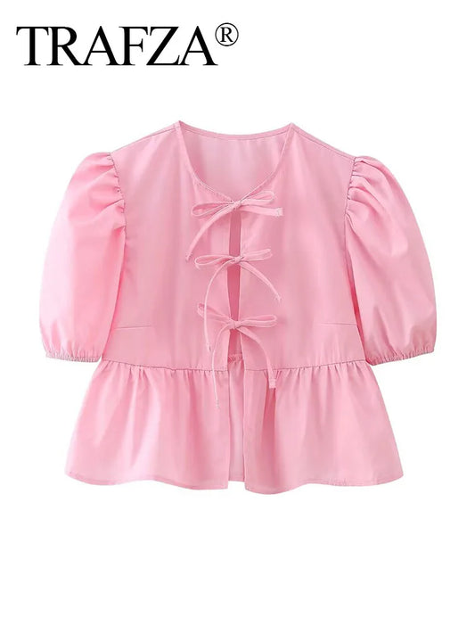 TRAFZA mujeres dulce plisado Puff manga lazo atado encaje hasta niveles bata blusa Oficina señora camisa Chic Chemise Blusas Tops