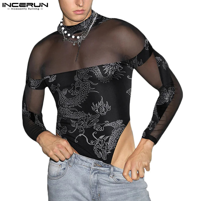 2023 hommes body maille imprimé Patchwork col roulé à manches longues barboteuses Sexy Streetwear Transparent mode homme body INCERUN