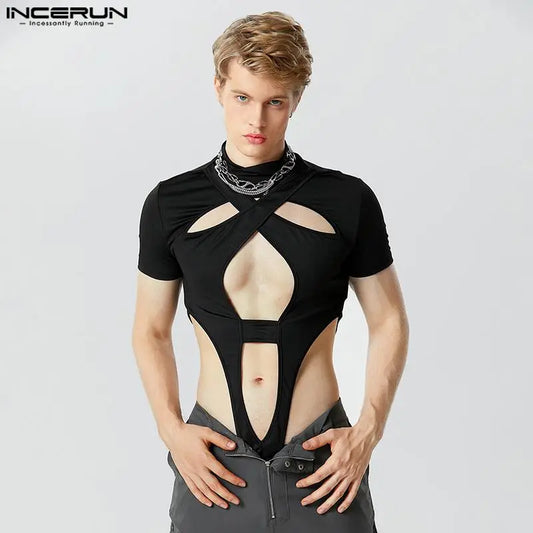 Monos lisos de cuello alto para hombre, peleles de manga corta calados, ropa de calle sexi, monos de moda, camisetas INCERUN 7 2023