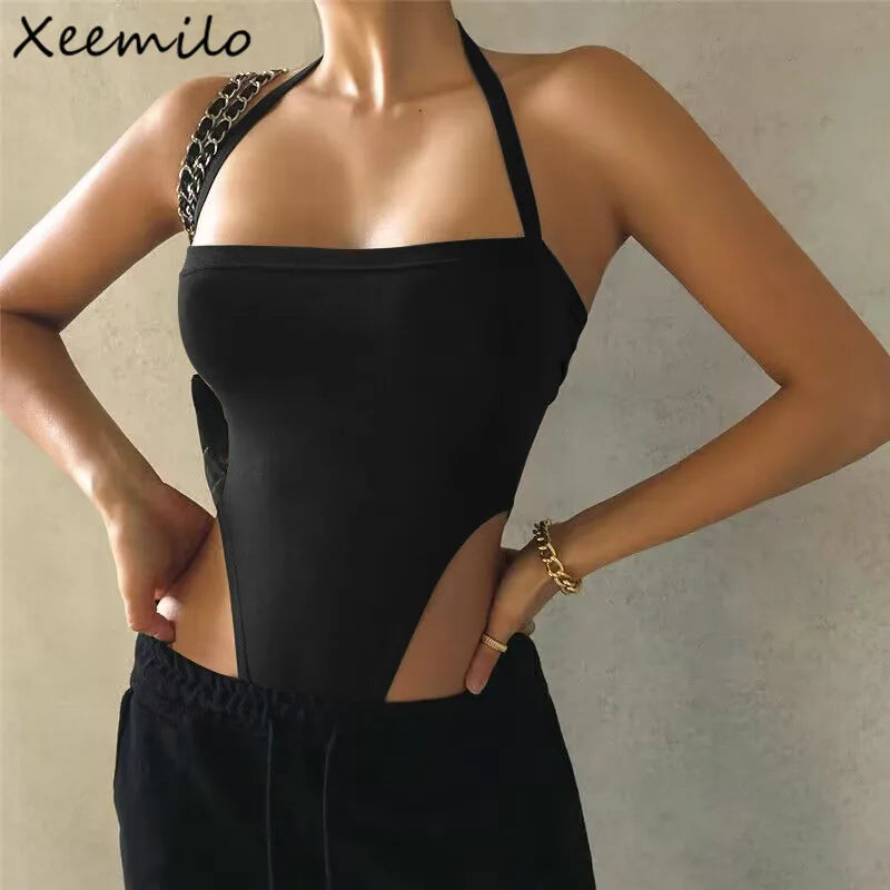 Xeemilo-body Sexy con hombros descubiertos y cuello Halter para verano, camiseta Y2K ceñida con espalda descubierta de una pieza, ropa de calle informal, monos con cuello ojal