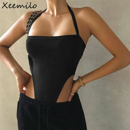 Xeemilo-body Sexy con hombros descubiertos y cuello Halter para verano, camiseta Y2K ceñida con espalda descubierta de una pieza, ropa de calle informal, monos con cuello ojal