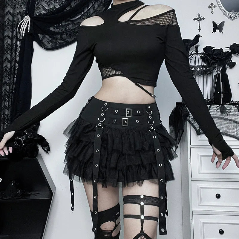 Goth Dark Ruffles Mall gothique maille épissure Mini jupes Grunge esthétique Harajuku boucle a-ligne jupe Punk taille haute Alt bas