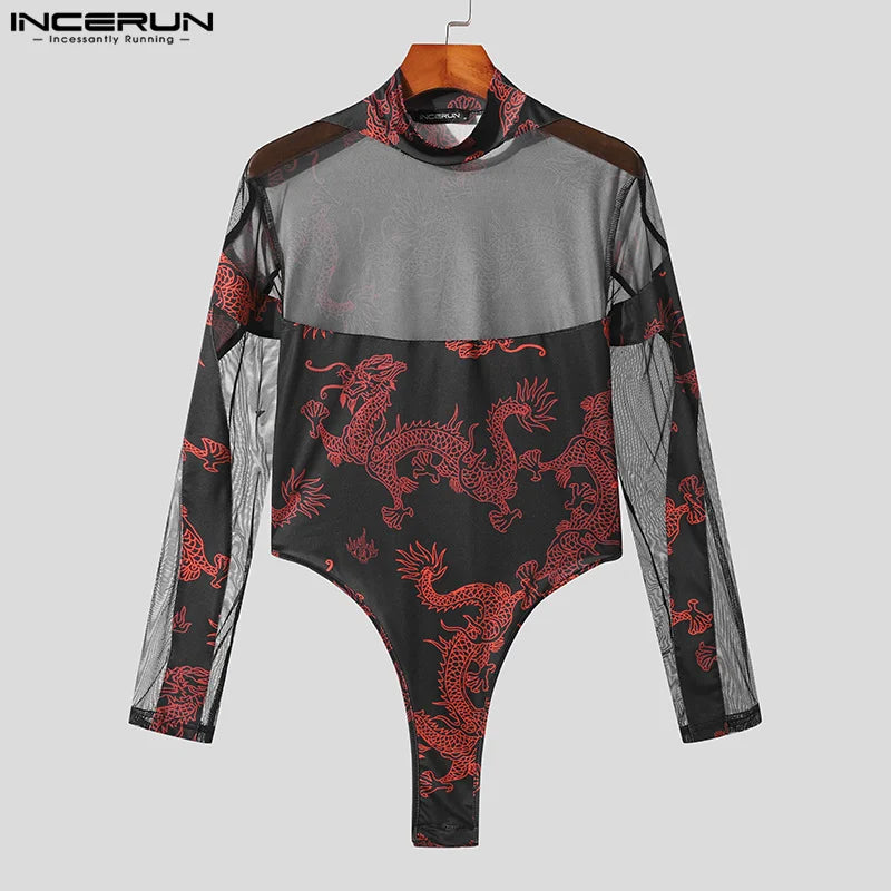 2023 hommes body maille imprimé Patchwork col roulé à manches longues barboteuses Sexy Streetwear Transparent mode homme body INCERUN