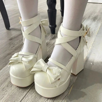 Zapatos de tacón alto Mary Jane para mujer, sandalias gruesas, zapatos de plataforma con lazo Retro a la moda de verano, 2024