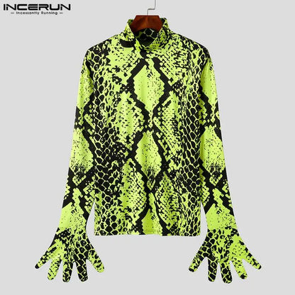 Fashion Men T Shirt Printing Turtleneck Long Sleeve 2023 Personality Camisetas Streetwear Fitness Casual Tee Tops S-5XL INCERUN