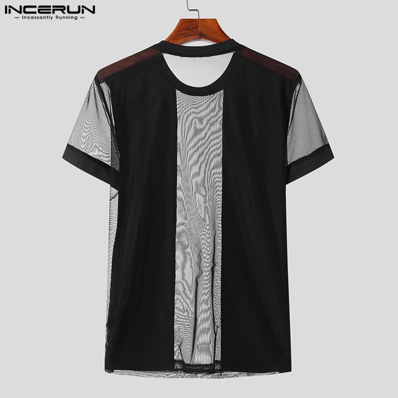 INCERUN-Camiseta de malla para hombre, ropa informal con diseño de varias telas, cuello redondo, manga corta, Sexy, transparente, S-5XL, 2023