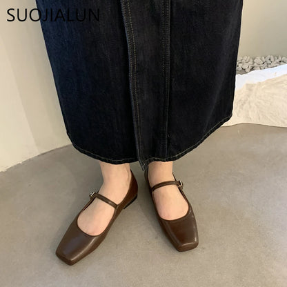 SUOJIALUN 2023, novedad de verano, zapatos planos para mujer a la moda con punta cuadrada, zapatos Mary Jane poco profundos, zapatos de Ballet informales suaves, zapatos con talón descubierto