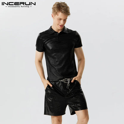 2023 Men Sets Sparkling Streetwear Lapel Short Sleeve Shirt & Shorts 2PCS Summer Polka Dot Fashion Men's Suits S-5XL INCERUN