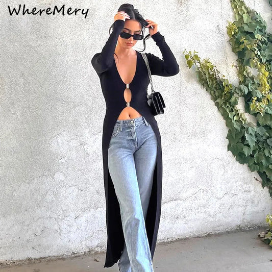 WhereMery Sexy ahueca hacia fuera la camiseta Maxi de manga larga de las mujeres con cuello en V de corte bajo botón de Metal negro parte de arriba ropa informal Cusual Lady Tops camisetas