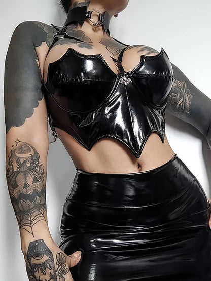 Goth foncé chauve-souris forme Faux Pu centre commercial gothique Grunge culture hauts femmes Punk noir Sexy dos nu Camis moulante Emo fête bustier tubulaire été