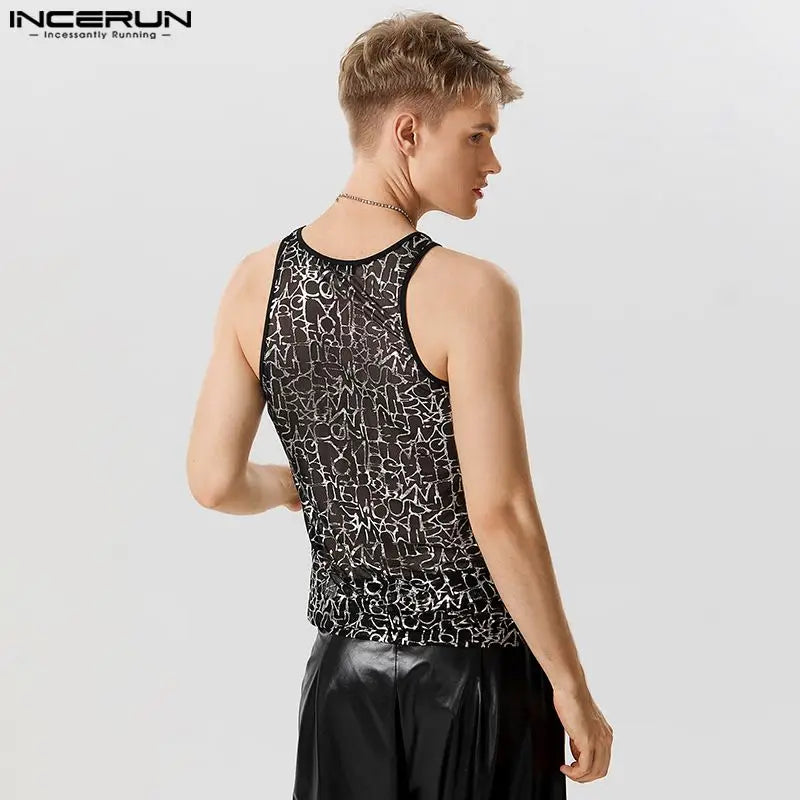 2023 Men Tank Tops Mesh Transparent Printing O-neck Sexy Sleeveless Fashion Vests Fitness Streetwear Shiny Men Clothing INCERUN