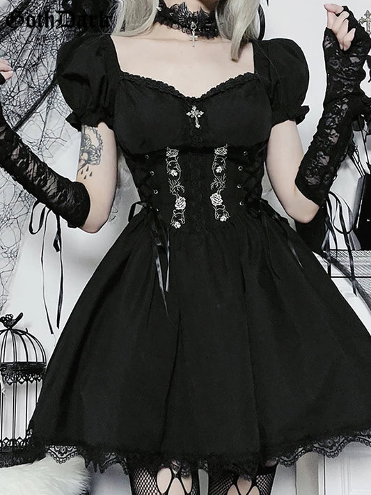 Goth Dark Lolita Mall gothique a-ligne kawaii Mini robes Style Grunge noir pansement Corset robe femmes Emo broderie Alt vêtements