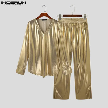 2023 Men Sets Shiny Streetwear V Neck Long Sleeve T Shirt & Pants Two Pieces Sets Loose Party Fashion Men's Suits S-5XL INCERUN