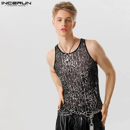 2023 Men Tank Tops Mesh Transparent Printing O-neck Sexy Sleeveless Fashion Vests Fitness Streetwear Shiny Men Clothing INCERUN