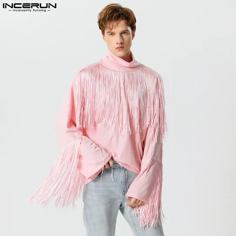 2023 Men T Shirts Tassel Patchwork Turtleneck Long Sleeve Men Clothing Streetwear Loose Fashion Casual Camisetas INCERUN S-5XL