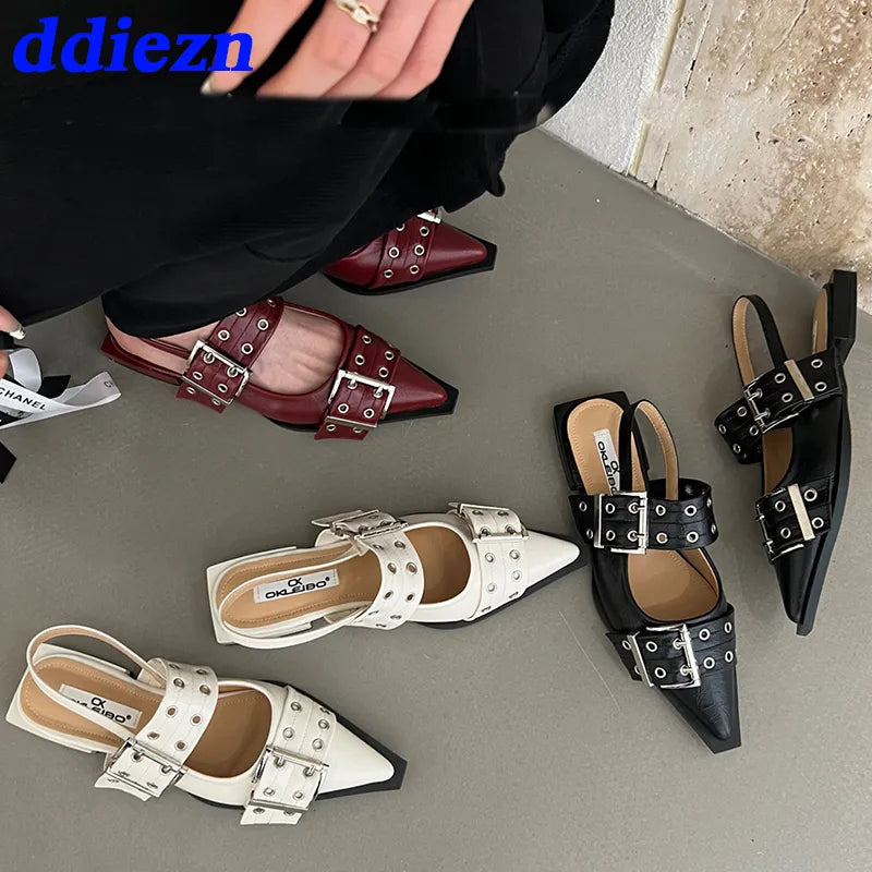 Zapatos planos con hebilla para mujer, zapatos planos a la moda con hebilla de diseñador, con talón descubierto, informales, con punta estrecha, 2024