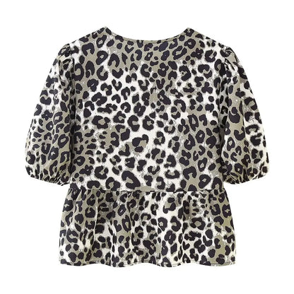 Camisa de verano con correa, blusa de leopardo con cordones, Top corto con mangas abullonadas, ropa de verano para mujer