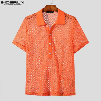 2023 camisa de hombre de malla transparente ahueca hacia fuera la solapa de manga corta ropa de calle ropa de calle Sexy sólida moda Camisas S-5XL INCERUN