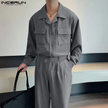 2023 Men Sets Solid Color Lapel Long Sleeve Pockets Shirt & Straight Pants 2PCS Loose Streetwear Men Casual Suits 5XL INCERUN 7