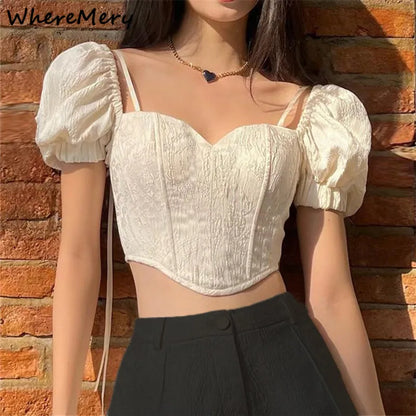 WhereMery-Top corto de manga corta abombada para mujer, camiseta Irregular fruncida con cordones, ropa de calle Y2K, camiseta de fiesta estética para chica