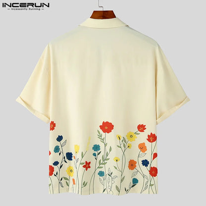 2023 hommes chemise fleur impression revers manches courtes en vrac été Streetwear hommes vêtements Style coréen chemises décontractées S-5XL INCERUN