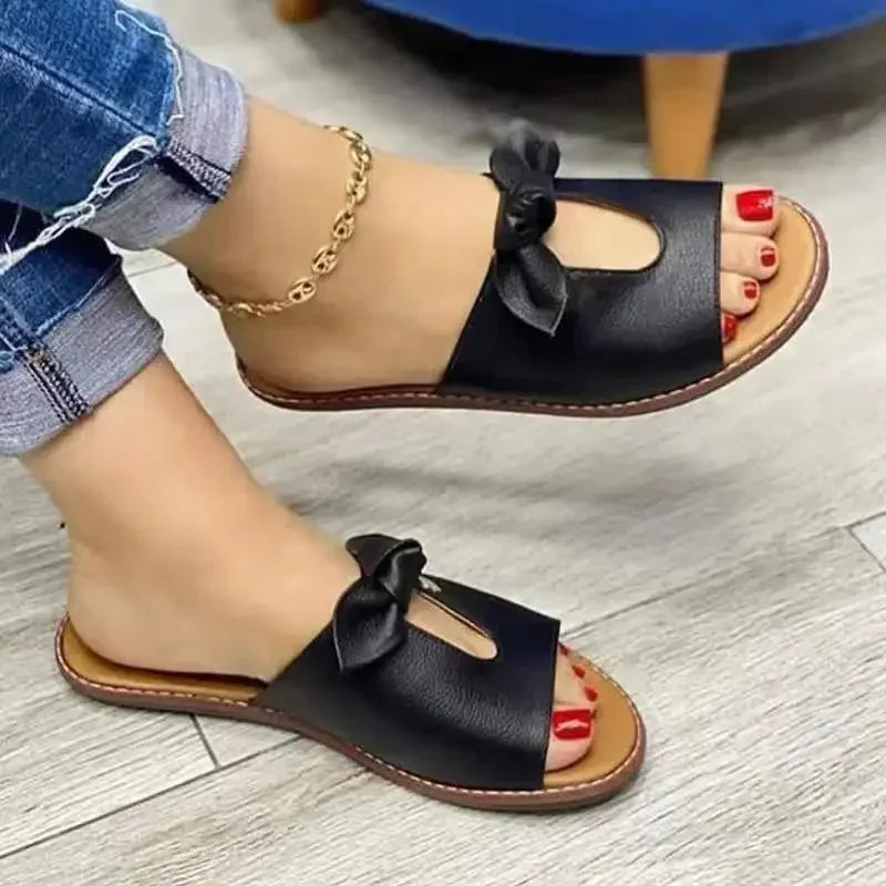 Zapatillas de verano para Mujer, zapatos planos bonitos con nudo de mariposa, sandalias informales de Color sólido, sandalias de playa, Zapatillas para Mujer