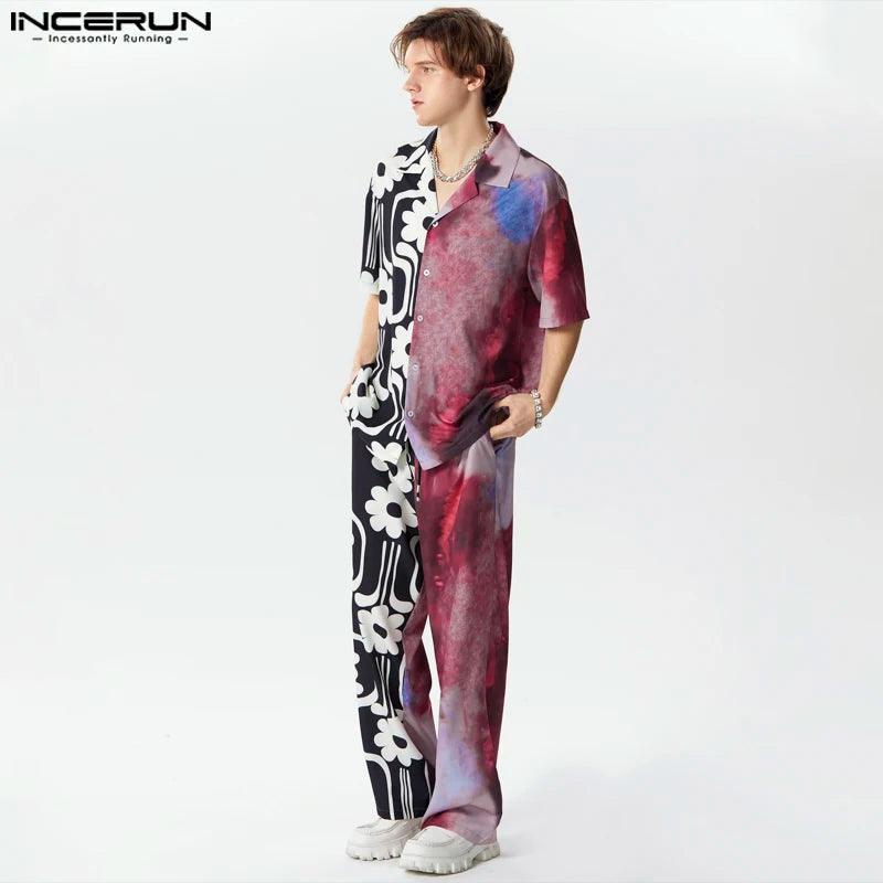 2024 Men Sets Printing Patchwork Loose Lapel Short Sleeve Shirt & Pants Two Pieces Sets Streetwear Fashion Men's Suits INCERUN