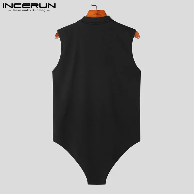 INCERUN – body à revers sans manches pour hommes, Streetwear, fermeture éclair, Fitness, barboteuse, débardeur, couleur unie, Sexy, 2023, S-5XL