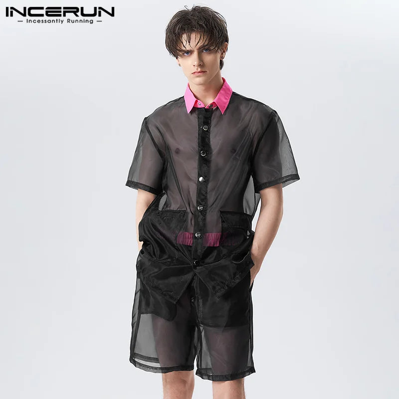 2023 Men Sets Mesh Patchwork Transparent Lapel Short Sleeve Shirt & Shorts 2PCS Streetwear Fashion Sexy Men Suits S-5XL INCERUN