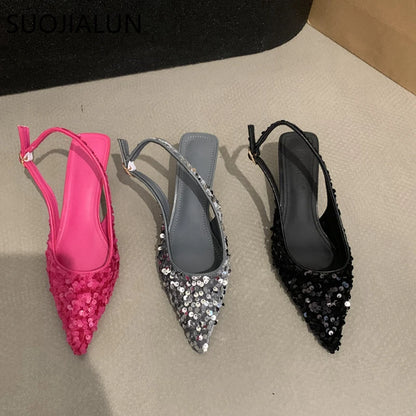 SUOJIALUN 2023 nueva sandalia ostentosa para mujer, moda, puntiagudos, poco profundos, sin cordones, zapatos elegantes para mujer, zapatos de tacón medio