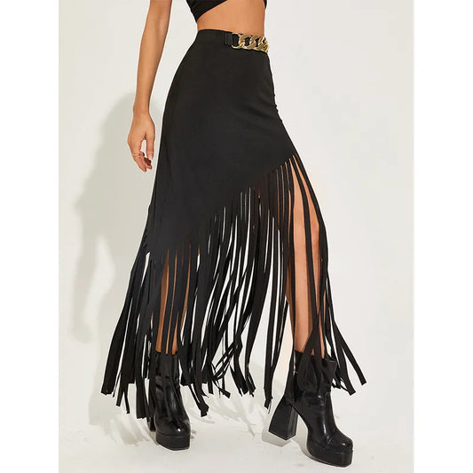 Goth foncé gland Style Punk Sexy femmes Maxi jupes centre commercial gothique Grunge taille haute jupe longue avec anneau ceinture noir Club Streetwear