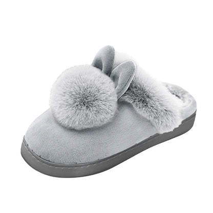 Zapatillas cálidas de piel para el hogar para mujer, calzado de interior con orejas de conejo, calzado con tacones planos para dormitorio interior, pantuflas mullidas de invierno