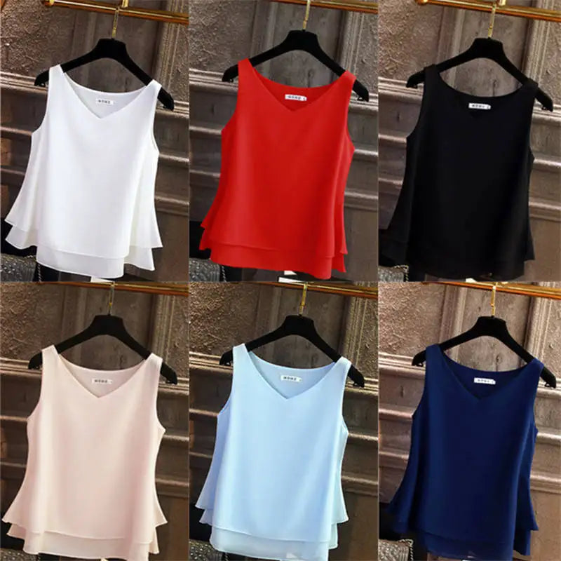 2024 Fashion Brand Women's Blouse Tops Summer Sleeveless Chiffon Shirt Solid V-neck Casual Blouse Plus Size 5XL Loose Female Top