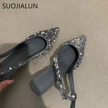 SUOJIALUN 2023 nueva sandalia ostentosa para mujer, moda, puntiagudos, poco profundos, sin cordones, zapatos elegantes para mujer, zapatos de tacón medio