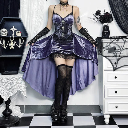 Goth Dark – robe trapèze gothique en velours pour femme, tenue de soirée élégante, Lolita, vêtements de fête, écharpe Grunge, ourlet en dentelle, tissu Alt