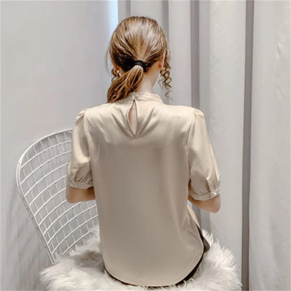 Women Summer Style Blouses Shirts Lady Fashion Casual Puff Short Sleeve O-Neck Solid Pearl Blouses Tops WY0227