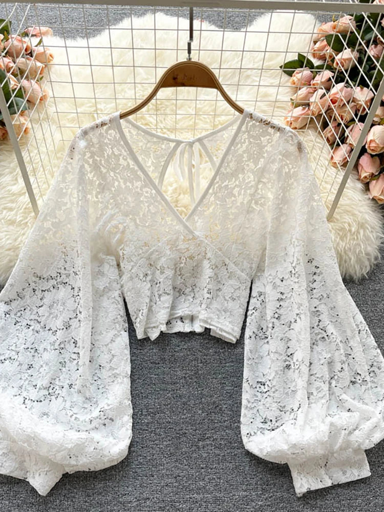 Autumn Black/White/Brown Sexy Lace Blouse Women Elegant V-Neck Puff Long Sleeve Open Back Short Tops Female Party Blusas 2021