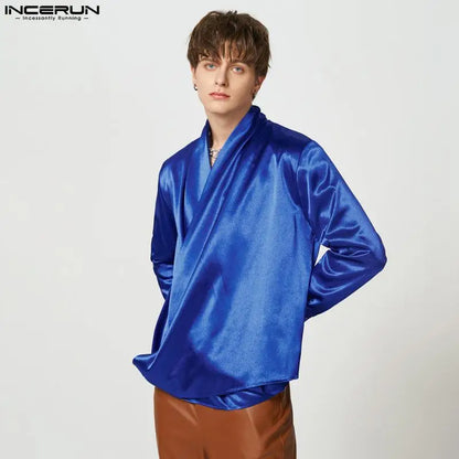 Fashion Men Shirt Solid Color Satin V Neck Long Sleeve Streetwear Loose Camisa 2023 Casual Irregular Male Shirts S-5XL INCERUN 7