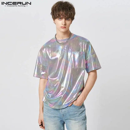 2023 Men T Shirt Shiny O-neck Short Sleeve Streetwear Loose Fashion Camisetas Summer Pockets Party Casual Tee Tops S-5XL INCERUN