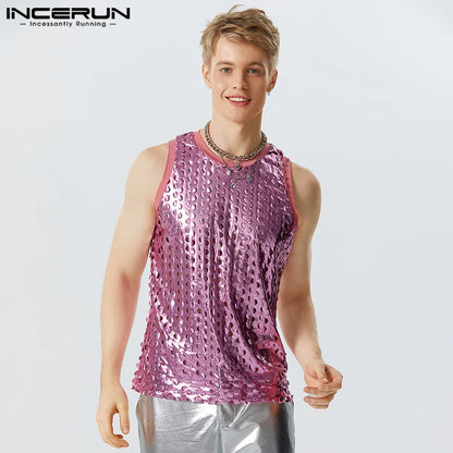 2023 Men Tank Tops Sparkling O-neck Sleeveless Streetwear Hollow Out Vests Summer Sexy Fashion Party Men Clothing S-5XL INCERUN