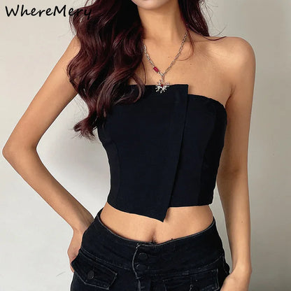 WhereMery Y2K-Camiseta sin mangas Irregular para mujer, Top Sexy sin tirantes con Espalda descubierta, Tops de tubo con cremallera, chaleco gótico con hombros descubiertos para verano