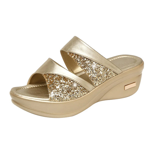 Femmes décontracté Slingbacks sandales paillettes PU plate-forme compensée sandales confortables pour les femmes printemps été chaussons compensés