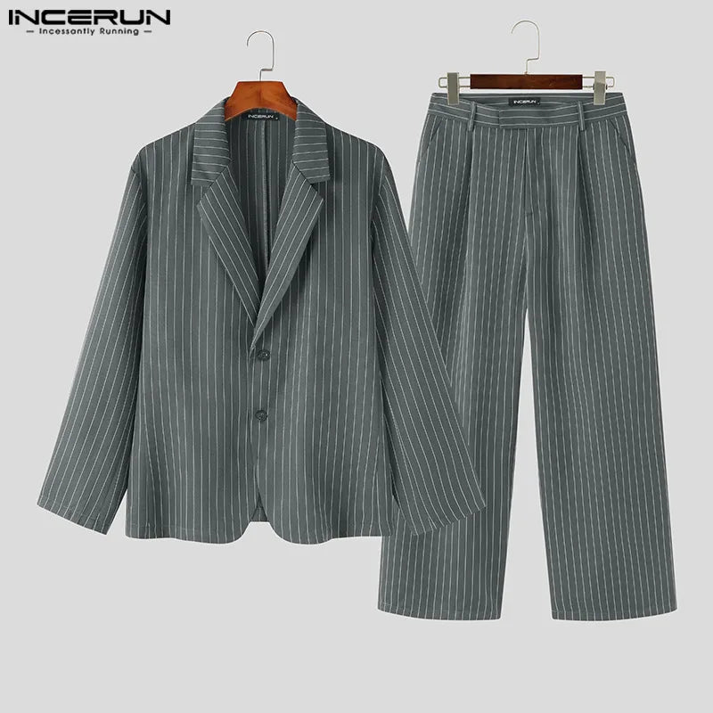 INCERUN-Conjuntos de rayas para hombre, ropa de calle elegante con solapa, Blazer de manga larga y Pantalones rectos, trajes informales de 2 uds., S-5XL, moda 2023