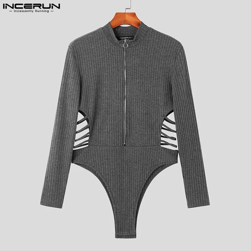 INCERUN 7 – body pour hommes, couleur unie, ajouré, col rond, manches longues, Streetwear, barboteuse, fermeture éclair, Fitness, mode, 2023, S-3XL