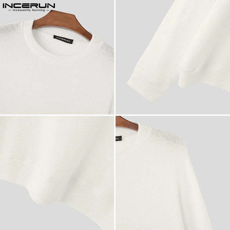 INCERUN – pull à manches longues et col rond pour homme, couleur unie, tricoté, Streetwear, fin, à la mode, décontracté, 2023, S-5XL