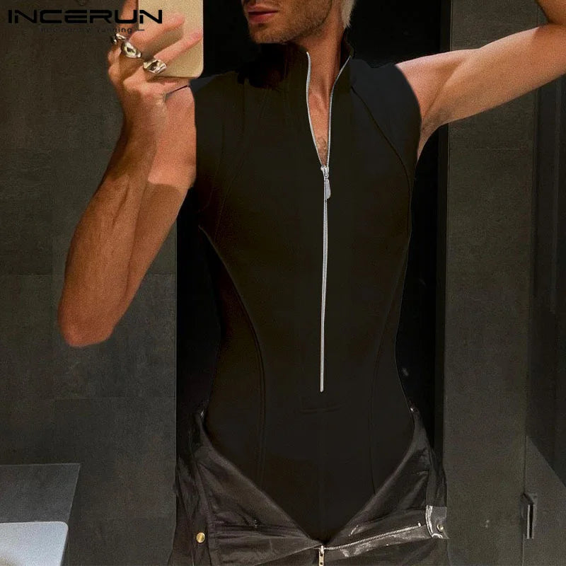 INCERUN – body à revers sans manches pour hommes, Streetwear, fermeture éclair, Fitness, barboteuse, débardeur, couleur unie, Sexy, 2023, S-5XL