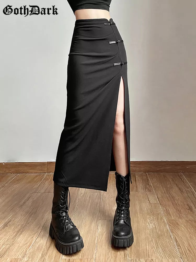 Goth Dark – jupe mi-longue Cargo noire Y2k, Streetwear gothique Grunge fendu, Sexy, taille haute, mode coréenne, bas d'automne