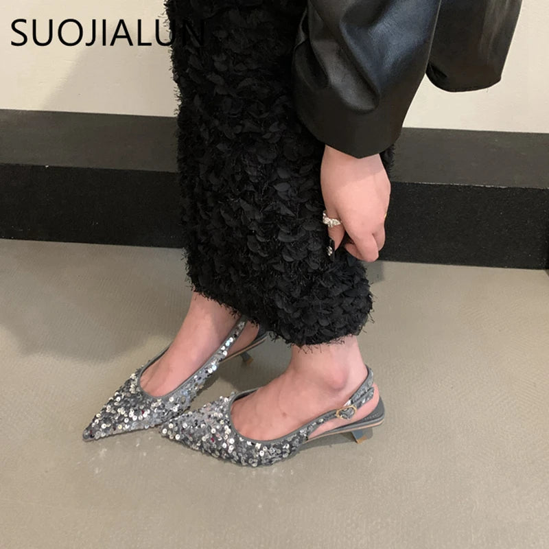 SUOJIALUN 2023 nueva sandalia ostentosa para mujer, moda, puntiagudos, poco profundos, sin cordones, zapatos elegantes para mujer, zapatos de tacón medio