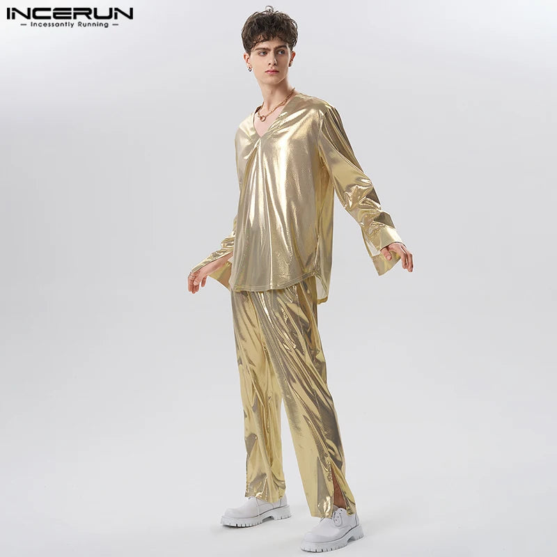 2023 Men Sets Shiny Streetwear V Neck Long Sleeve T Shirt & Pants Two Pieces Sets Loose Party Fashion Men's Suits S-5XL INCERUN