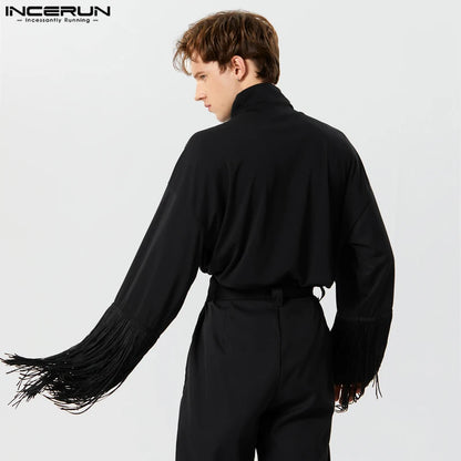 2023 Men T Shirts Tassel Patchwork Turtleneck Long Sleeve Men Clothing Streetwear Loose Fashion Casual Camisetas INCERUN S-5XL